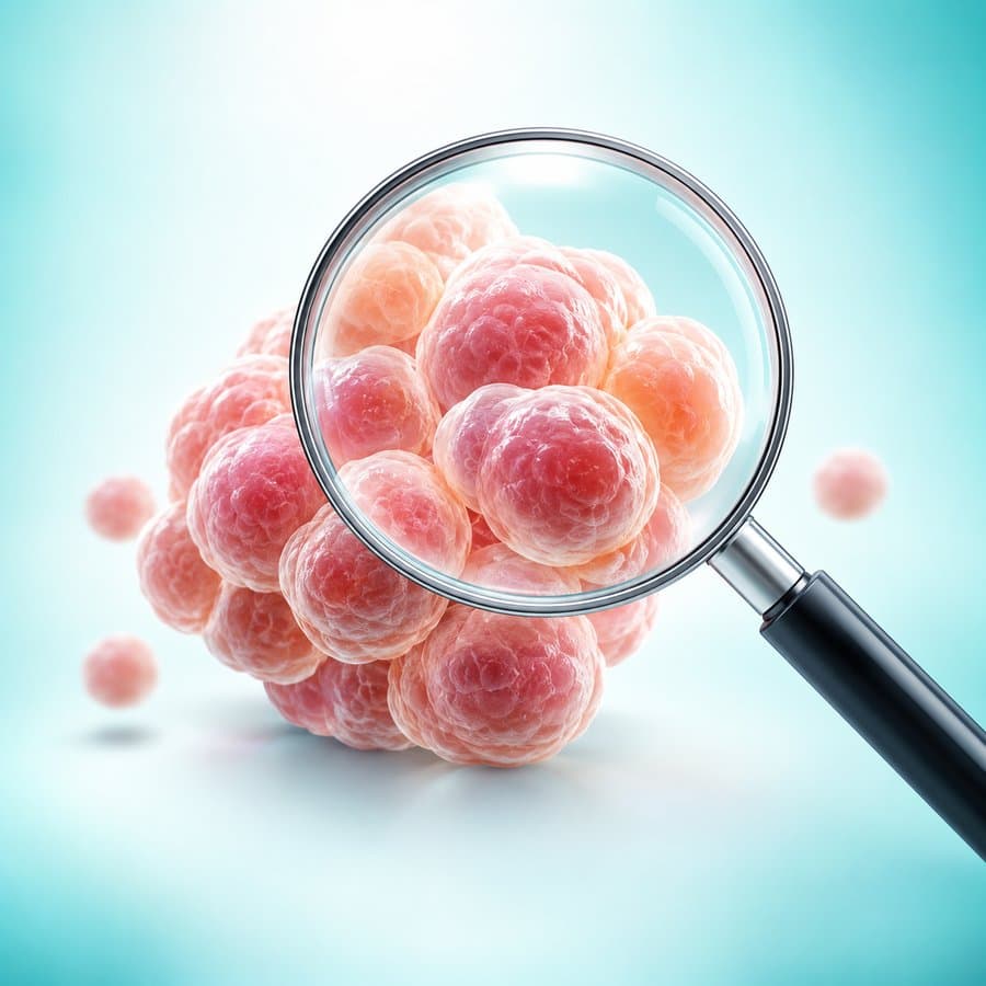 Illustration of a cluster of cells seen through a magnifying glass, representing childhood tumors