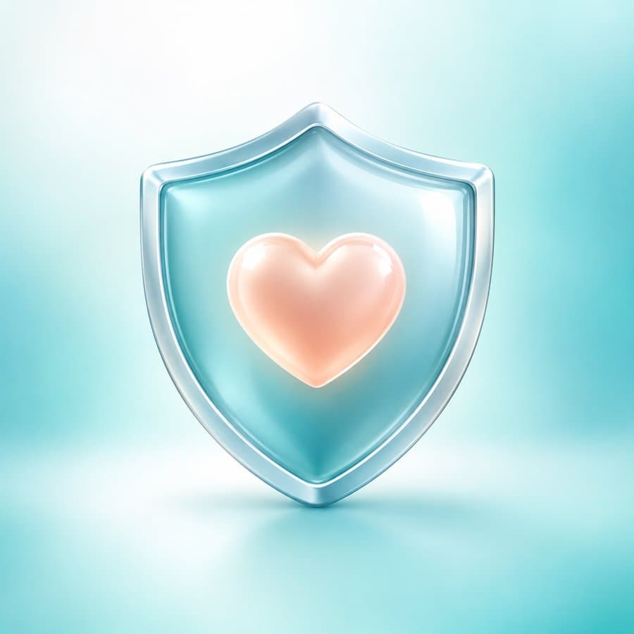 Illustration of a glass shield with a soft heart inside, symbolizing gentle, protective newborn care