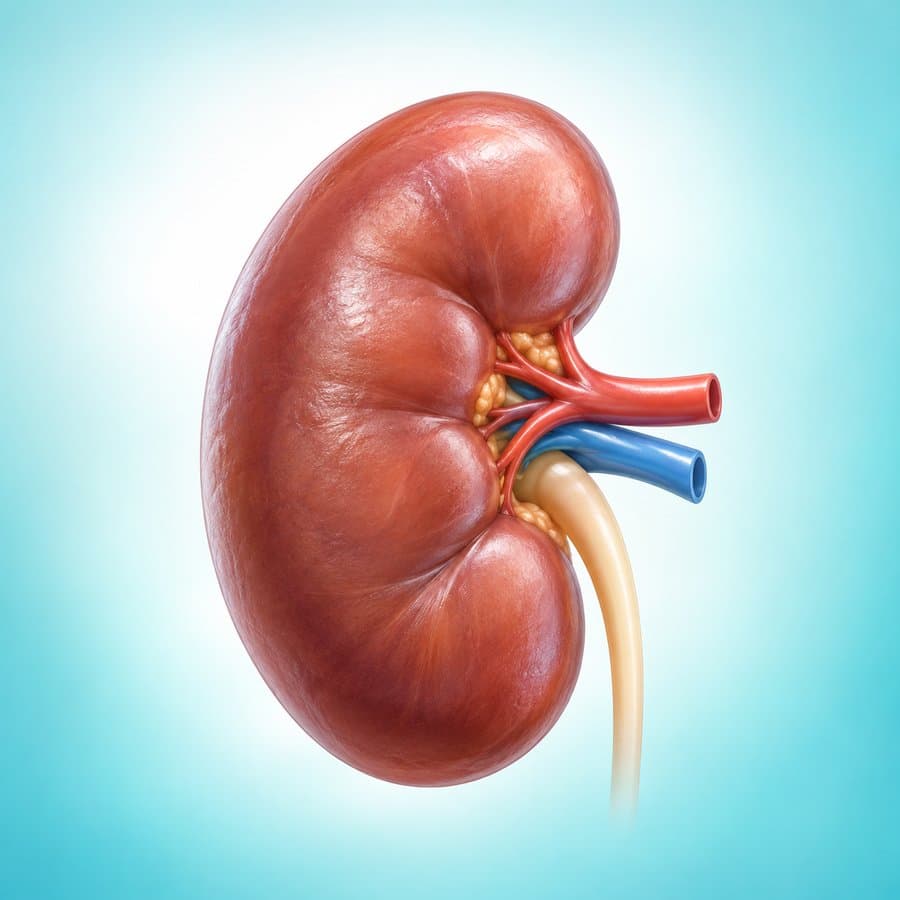 Anatomical illustration of a kidney with its artery, vein and ureter