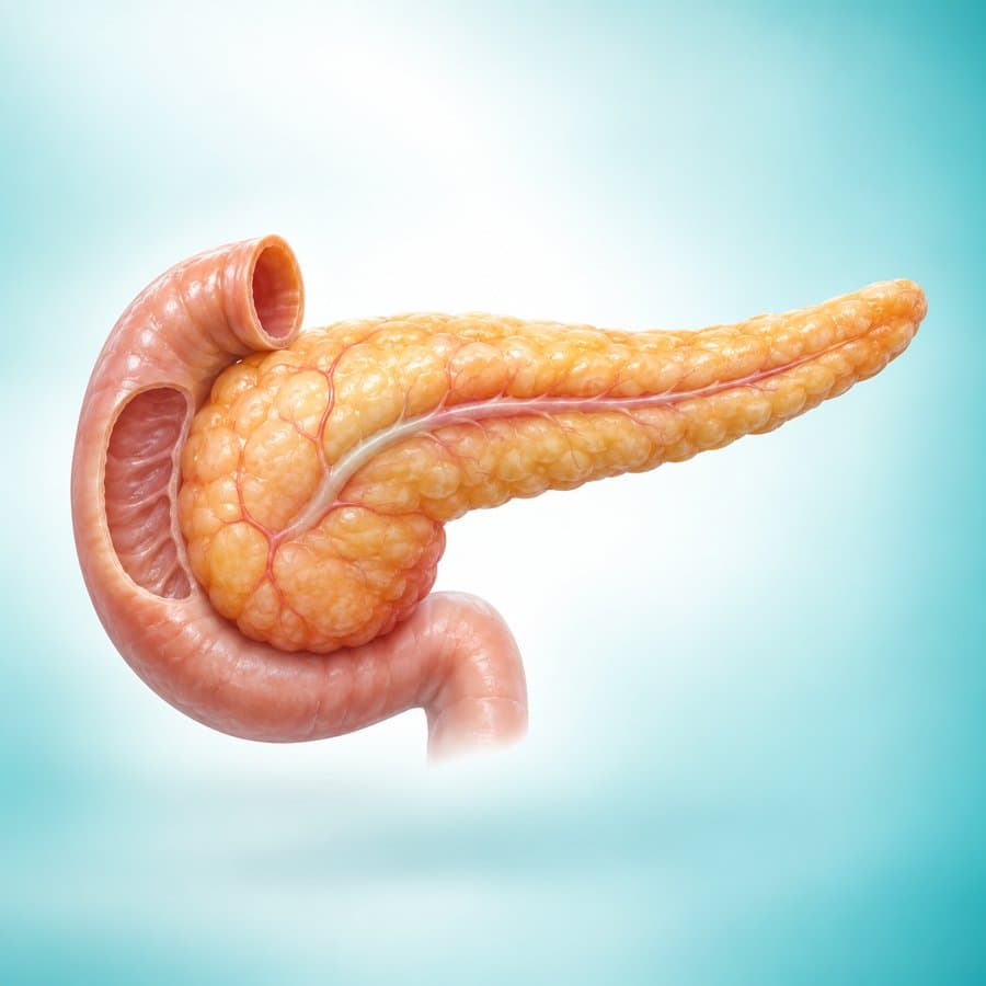 Anatomical illustration of the pancreas beside the duodenum