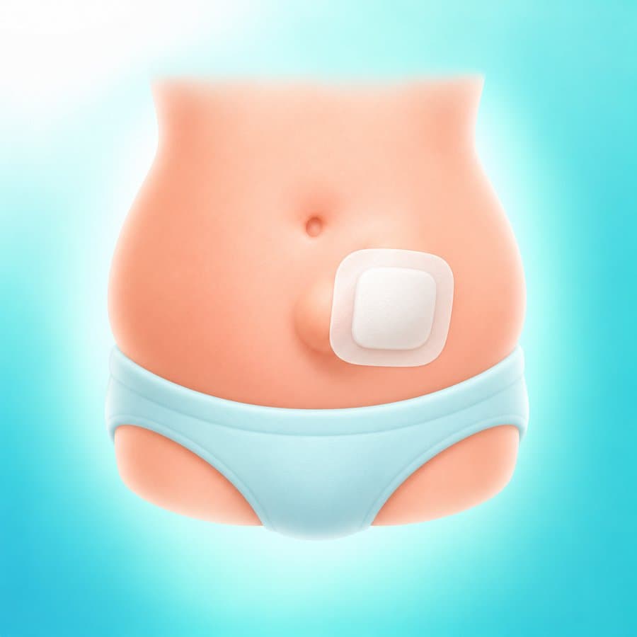 Illustration of a child's abdomen with a small hernia bulge near the belly button covered by a bandage