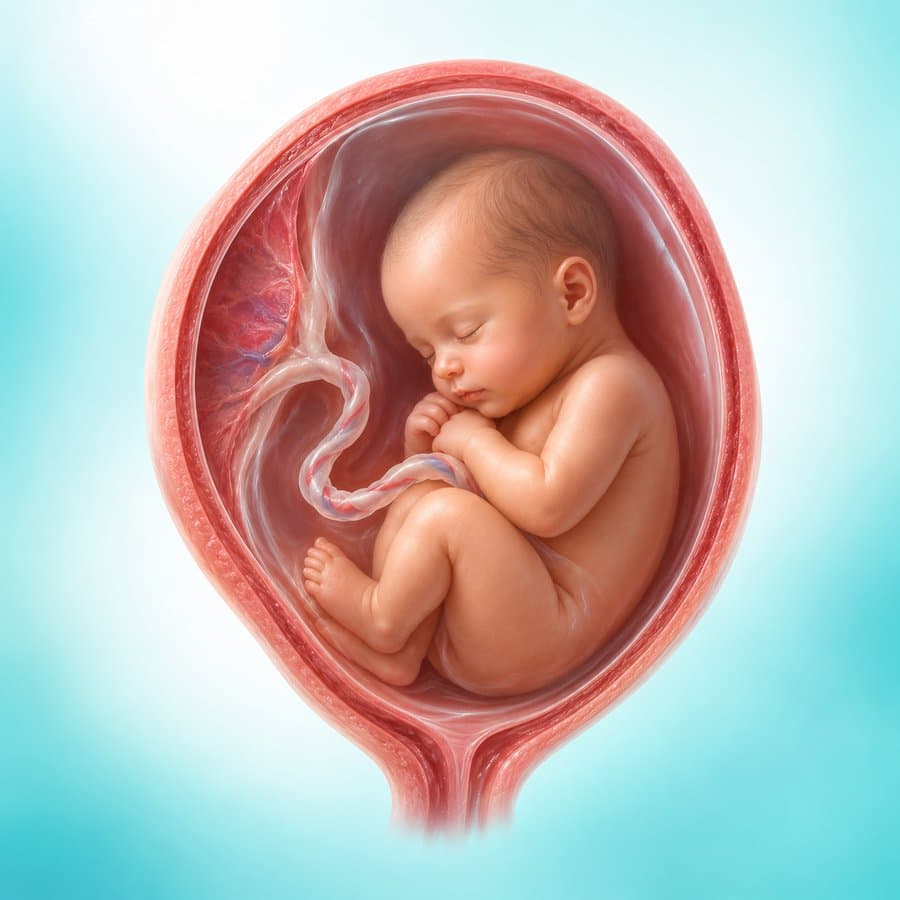 Illustration of a baby curled up in the womb before birth